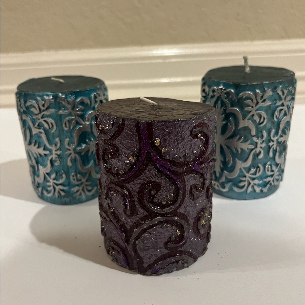 Vintage Rare Purple and Teal Decorative Pillar Candles